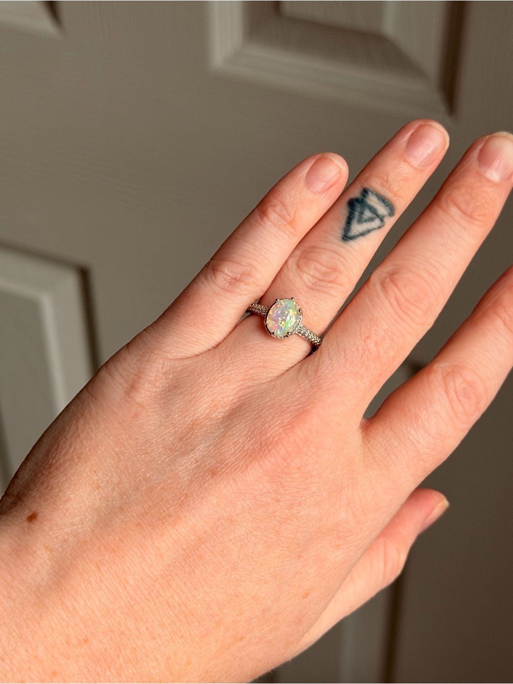 Opal Halo silver plated Ring - White Opal with Pavé Band sz 6